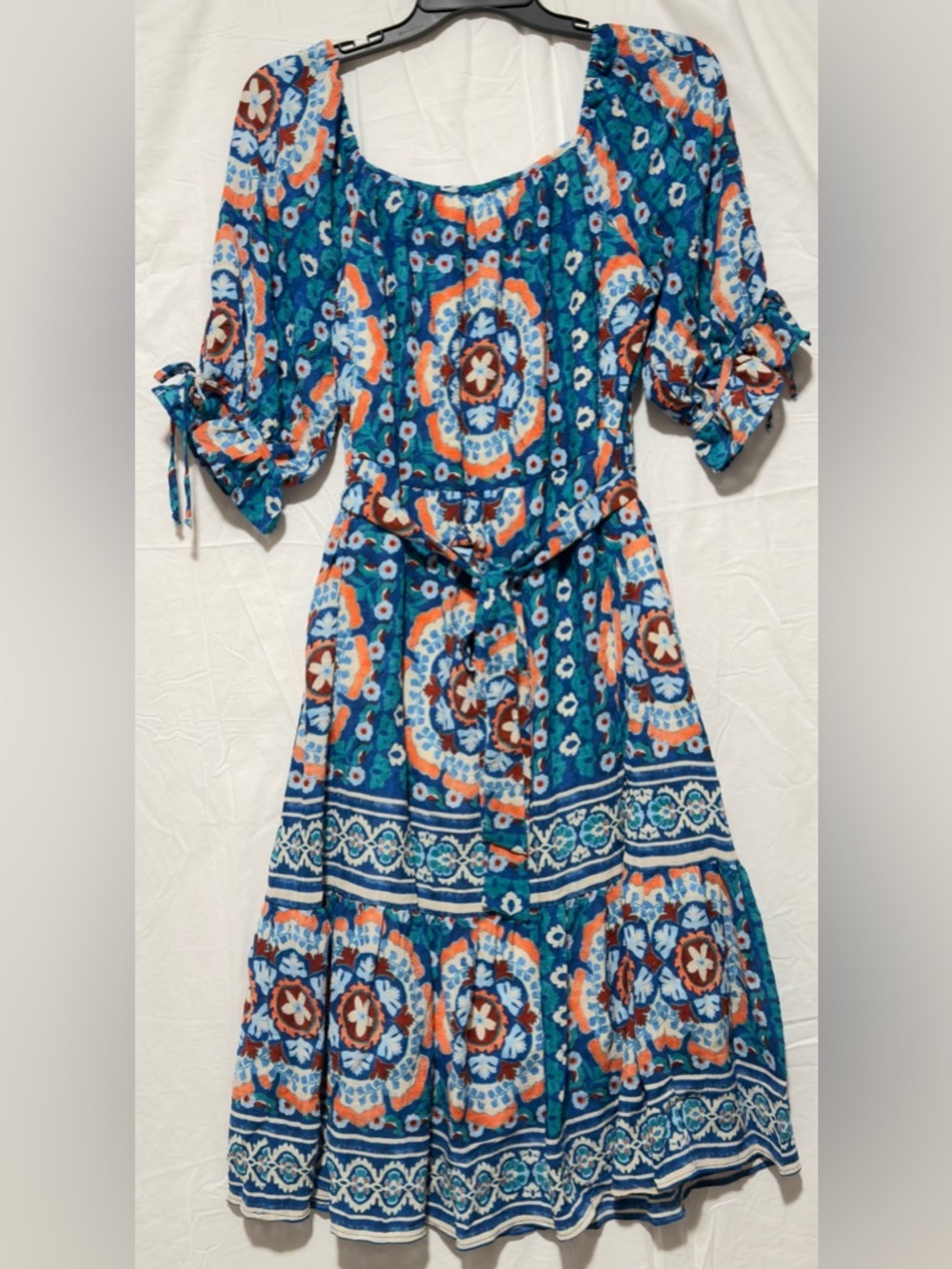 Teal Printed Tie-Waist Midi Dress